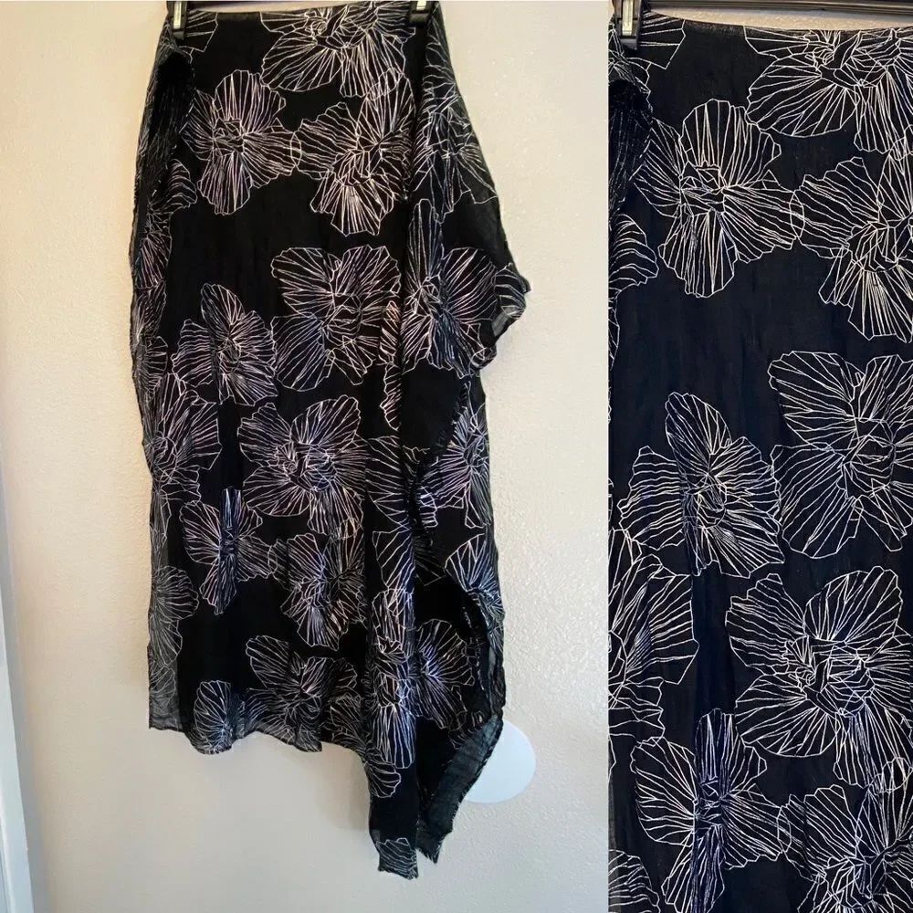 Calvin Klein black floral silver Print Scarf semi sheer lightweight muslin 28x70